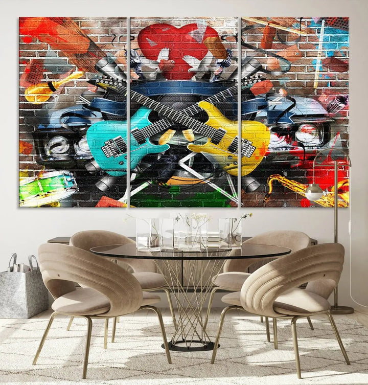 The Colorful Instruments Collage Wall Art Canvas Print showcases vibrant guitars and abstract musical motifs against a brick backdrop. Enjoy the charm of canvas art with museum-quality precision that enhances the artistic appeal of your decor.