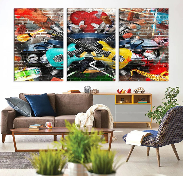 The Colorful Instruments Collage Wall Art Canvas Print showcases vibrant guitars and abstract musical motifs against a brick backdrop. Enjoy the charm of canvas art with museum-quality precision that enhances the artistic appeal of your decor.