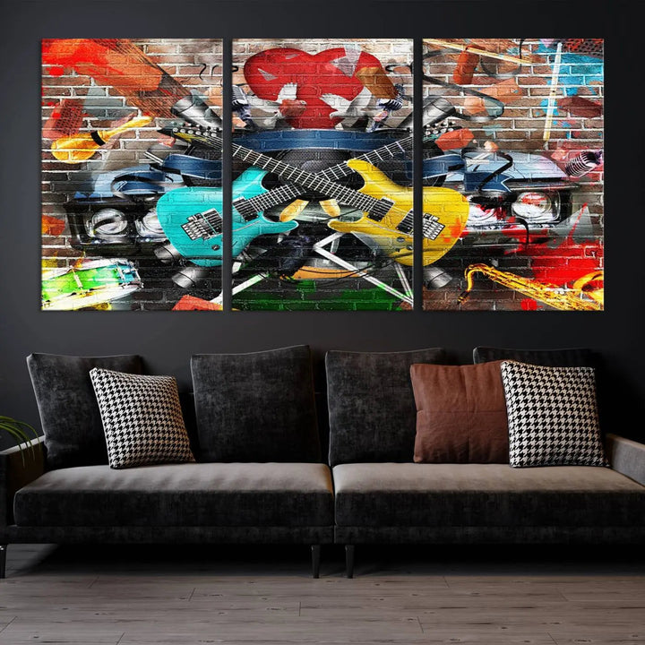 The Colorful Instruments Collage Wall Art Canvas Print showcases vibrant guitars and abstract musical motifs against a brick backdrop. Enjoy the charm of canvas art with museum-quality precision that enhances the artistic appeal of your decor.