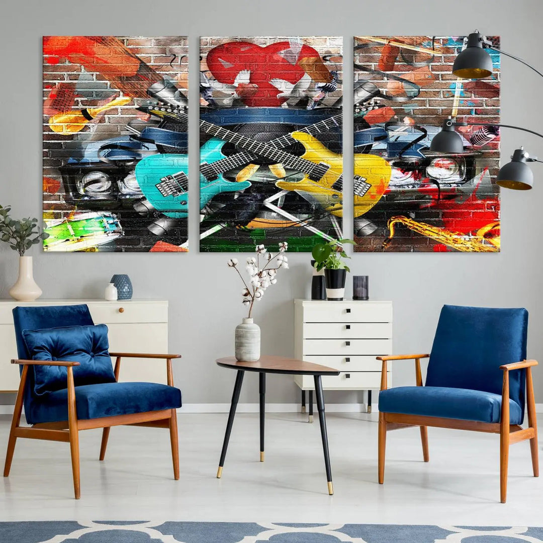 The Colorful Instruments Collage Wall Art Canvas Print showcases vibrant guitars and abstract musical motifs against a brick backdrop. Enjoy the charm of canvas art with museum-quality precision that enhances the artistic appeal of your decor.