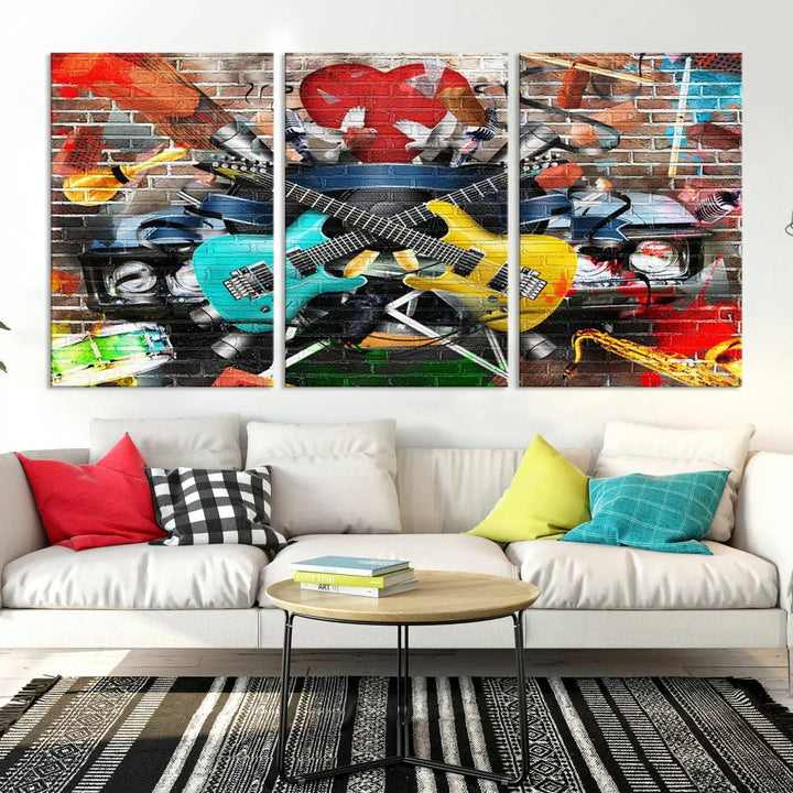 The Colorful Instruments Collage Wall Art Canvas Print showcases vibrant guitars and abstract musical motifs against a brick backdrop. Enjoy the charm of canvas art with museum-quality precision that enhances the artistic appeal of your decor.