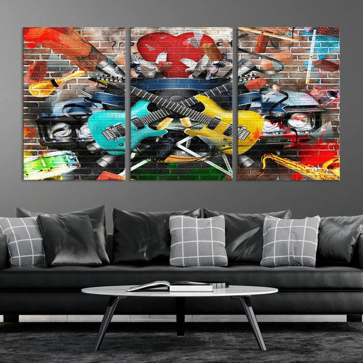 The Colorful Instruments Collage Wall Art Canvas Print showcases vibrant guitars and abstract musical motifs against a brick backdrop. Enjoy the charm of canvas art with museum-quality precision that enhances the artistic appeal of your decor.