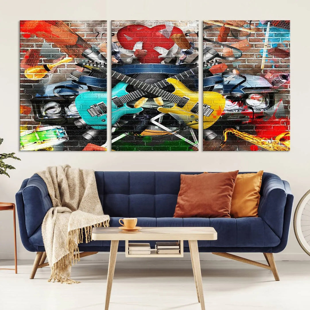 The Colorful Instruments Collage Wall Art Canvas Print showcases vibrant guitars and abstract musical motifs against a brick backdrop. Enjoy the charm of canvas art with museum-quality precision that enhances the artistic appeal of your decor.