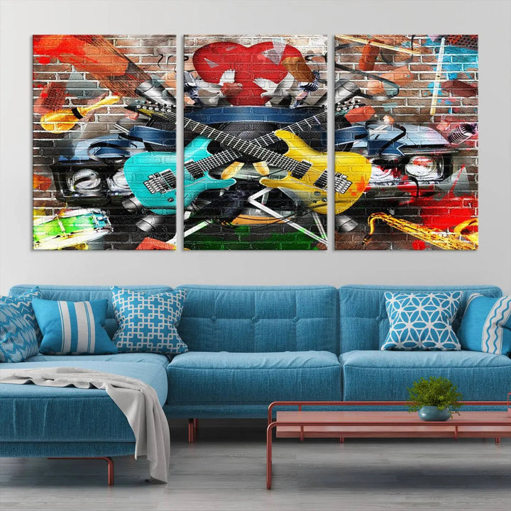 The Colorful Instruments Collage Wall Art Canvas Print showcases vibrant guitars and abstract musical motifs against a brick backdrop. Enjoy the charm of canvas art with museum-quality precision that enhances the artistic appeal of your decor.