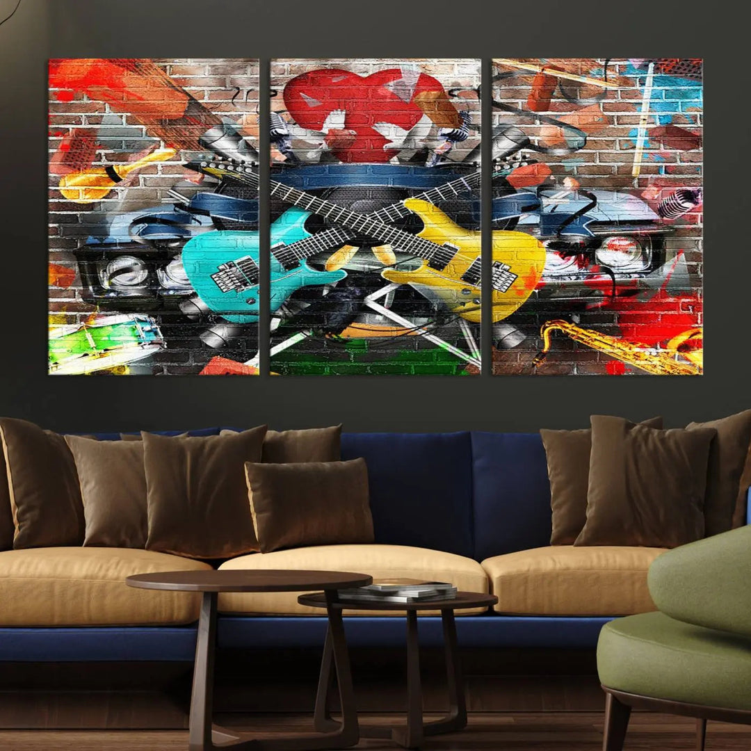 The Colorful Instruments Collage Wall Art Canvas Print showcases vibrant guitars and abstract musical motifs against a brick backdrop. Enjoy the charm of canvas art with museum-quality precision that enhances the artistic appeal of your decor.