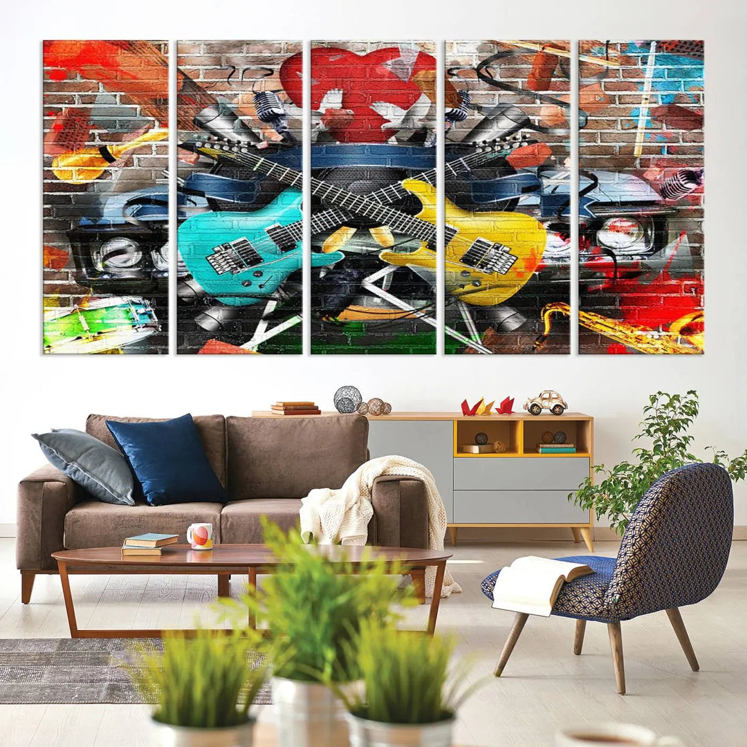 The Colorful Instruments Collage Wall Art Canvas Print showcases vibrant guitars and abstract musical motifs against a brick backdrop. Enjoy the charm of canvas art with museum-quality precision that enhances the artistic appeal of your decor.