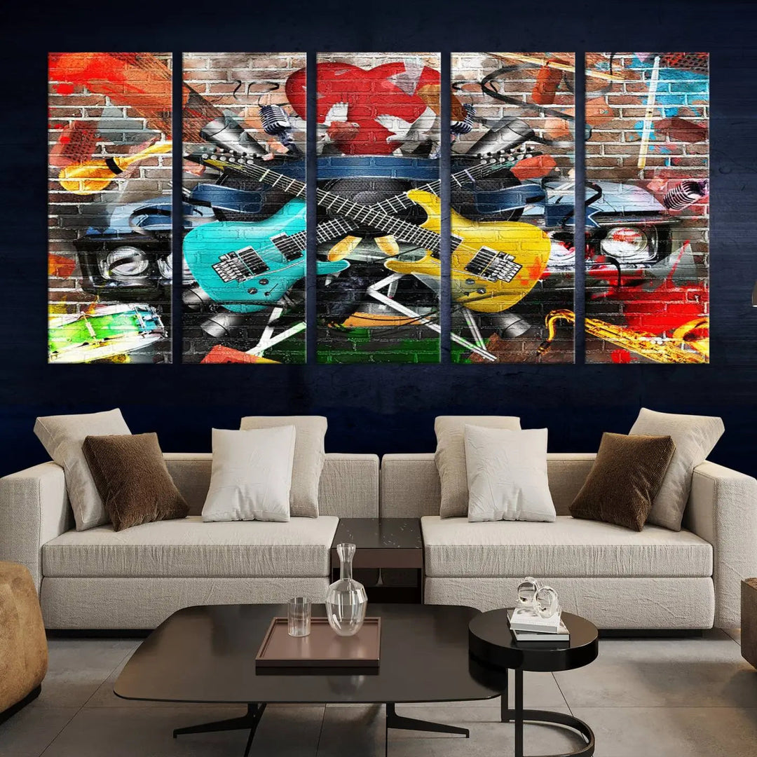 The Colorful Instruments Collage Wall Art Canvas Print showcases vibrant guitars and abstract musical motifs against a brick backdrop. Enjoy the charm of canvas art with museum-quality precision that enhances the artistic appeal of your decor.