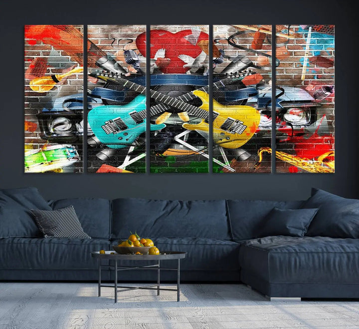 The Colorful Instruments Collage Wall Art Canvas Print showcases vibrant guitars and abstract musical motifs against a brick backdrop. Enjoy the charm of canvas art with museum-quality precision that enhances the artistic appeal of your decor.