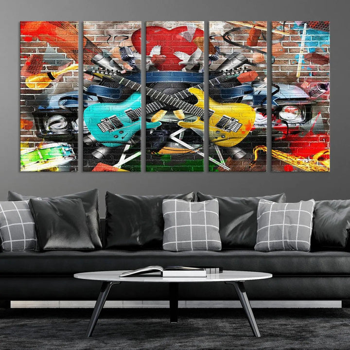 The Colorful Instruments Collage Wall Art Canvas Print showcases vibrant guitars and abstract musical motifs against a brick backdrop. Enjoy the charm of canvas art with museum-quality precision that enhances the artistic appeal of your decor.