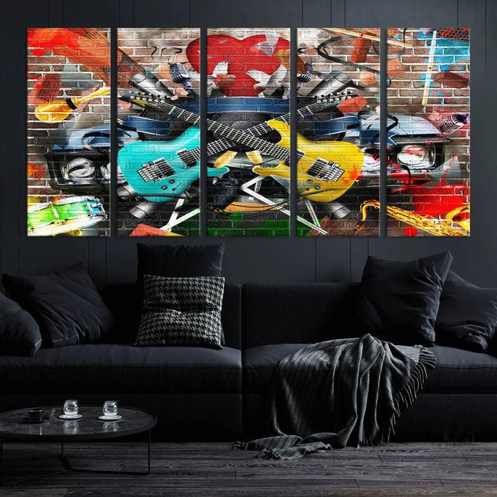 The Colorful Instruments Collage Wall Art Canvas Print showcases vibrant guitars and abstract musical motifs against a brick backdrop. Enjoy the charm of canvas art with museum-quality precision that enhances the artistic appeal of your decor.