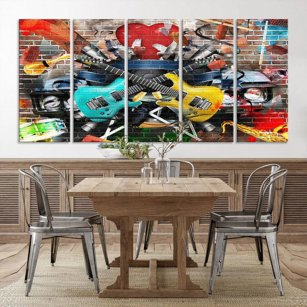 The Colorful Instruments Collage Wall Art Canvas Print showcases vibrant guitars and abstract musical motifs against a brick backdrop. Enjoy the charm of canvas art with museum-quality precision that enhances the artistic appeal of your decor.