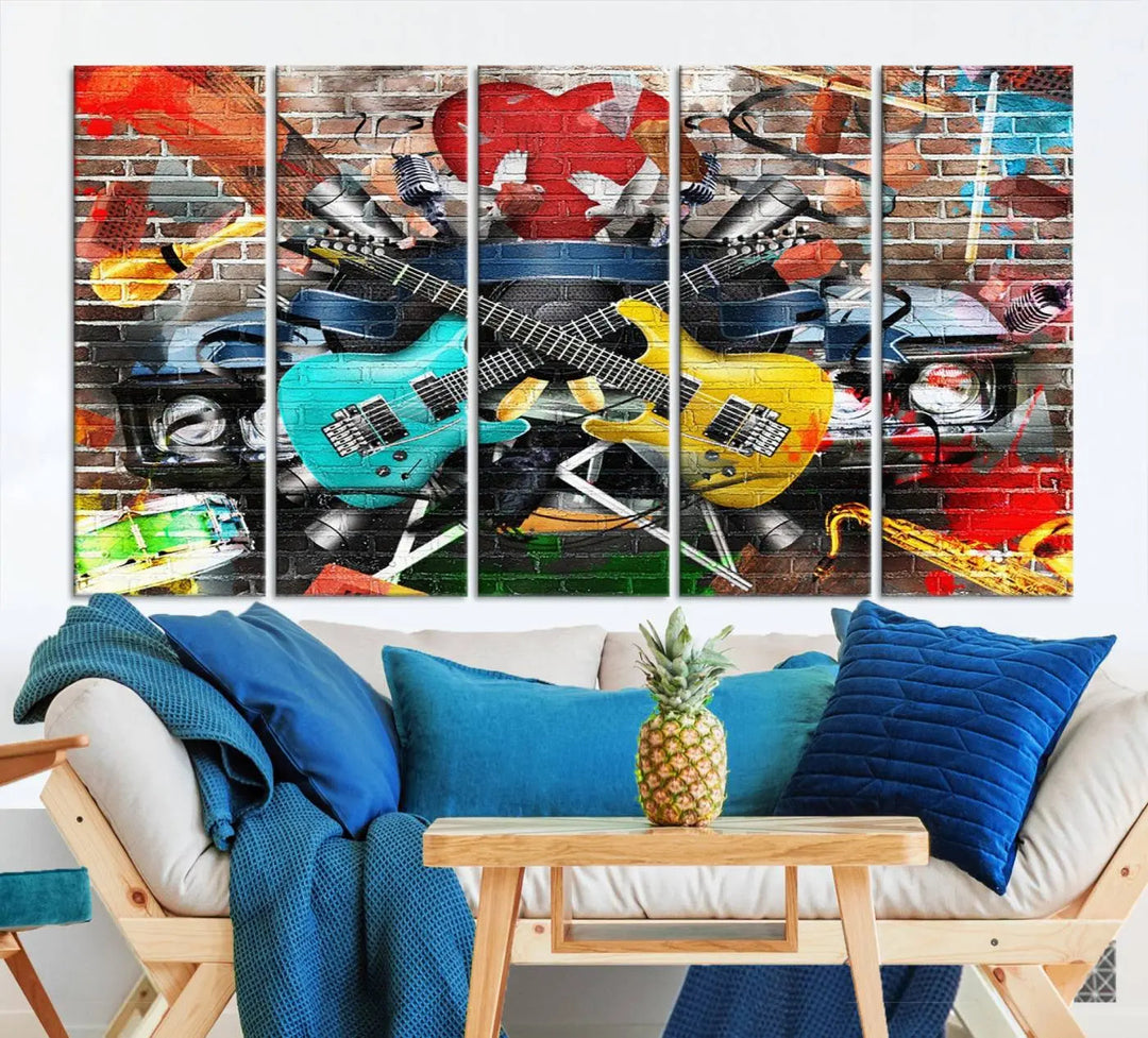 The Colorful Instruments Collage Wall Art Canvas Print showcases vibrant guitars and abstract musical motifs against a brick backdrop. Enjoy the charm of canvas art with museum-quality precision that enhances the artistic appeal of your decor.