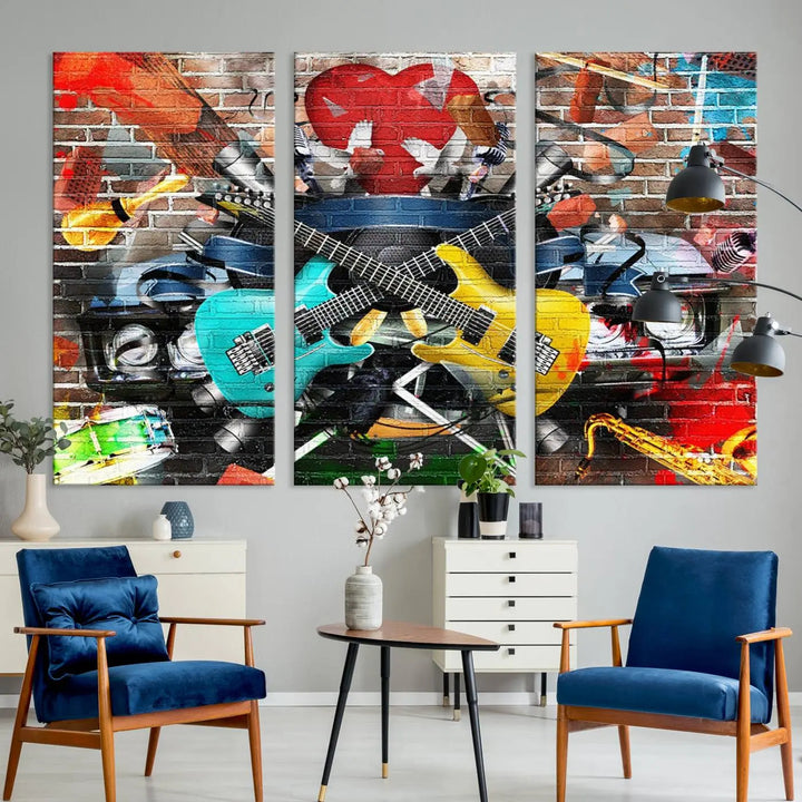 The Colorful Instruments Collage Wall Art Canvas Print showcases vibrant guitars and abstract musical motifs against a brick backdrop. Enjoy the charm of canvas art with museum-quality precision that enhances the artistic appeal of your decor.