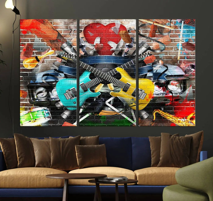 The Colorful Instruments Collage Wall Art Canvas Print showcases vibrant guitars and abstract musical motifs against a brick backdrop. Enjoy the charm of canvas art with museum-quality precision that enhances the artistic appeal of your decor.