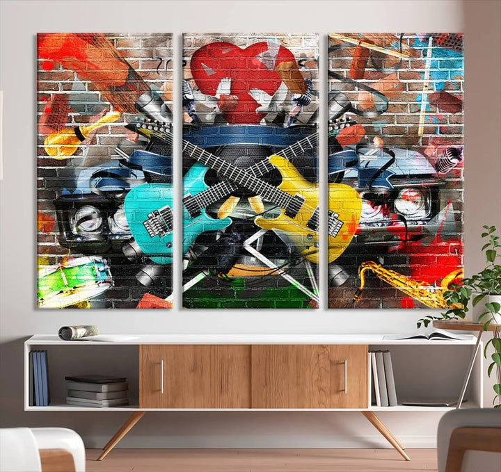 The Colorful Instruments Collage Wall Art Canvas Print showcases vibrant guitars and abstract musical motifs against a brick backdrop. Enjoy the charm of canvas art with museum-quality precision that enhances the artistic appeal of your decor.