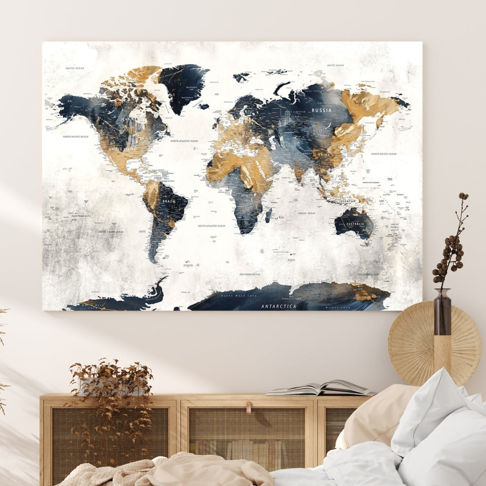 The framed vintage world map canvas print adds elegance to the space.