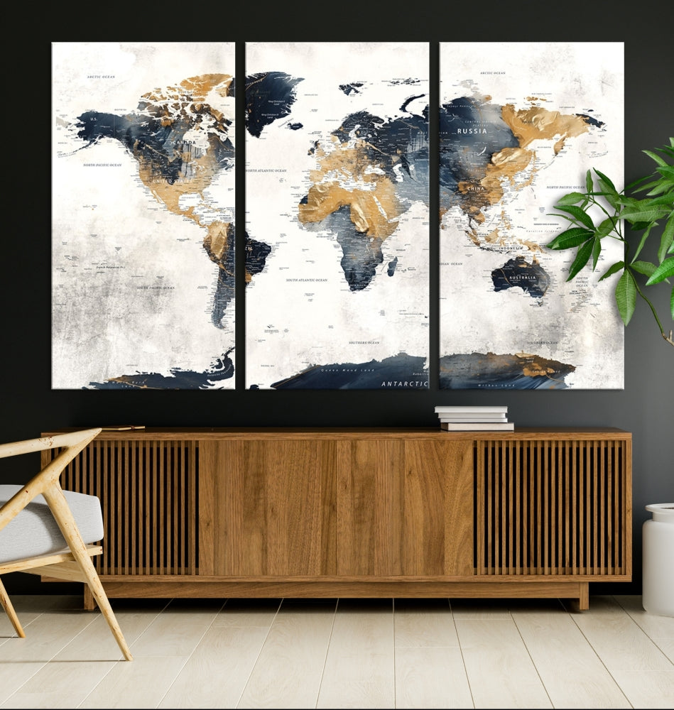 The framed vintage world map canvas print adds elegance to the space.