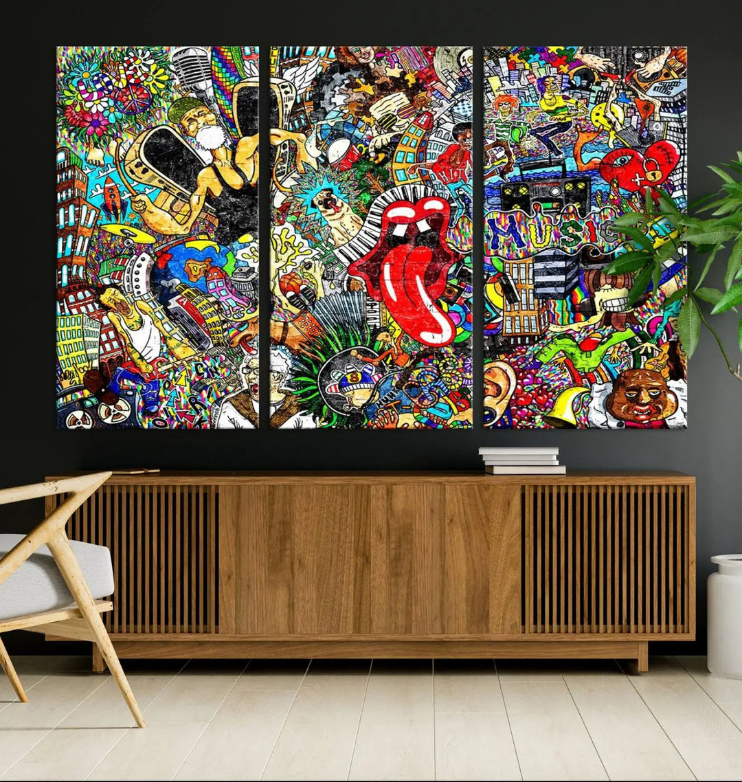 The Crazy Colors Music Vibes Wall Art Canvas Print showcases vibrant multi-panel abstract designs with colorful details on museum-quality canvas and is protected by a UV-coating.