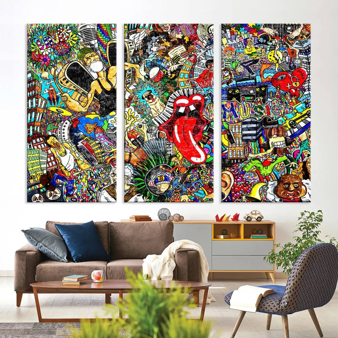 The Crazy Colors Music Vibes Wall Art Canvas Print showcases vibrant multi-panel abstract designs with colorful details on museum-quality canvas and is protected by a UV-coating.