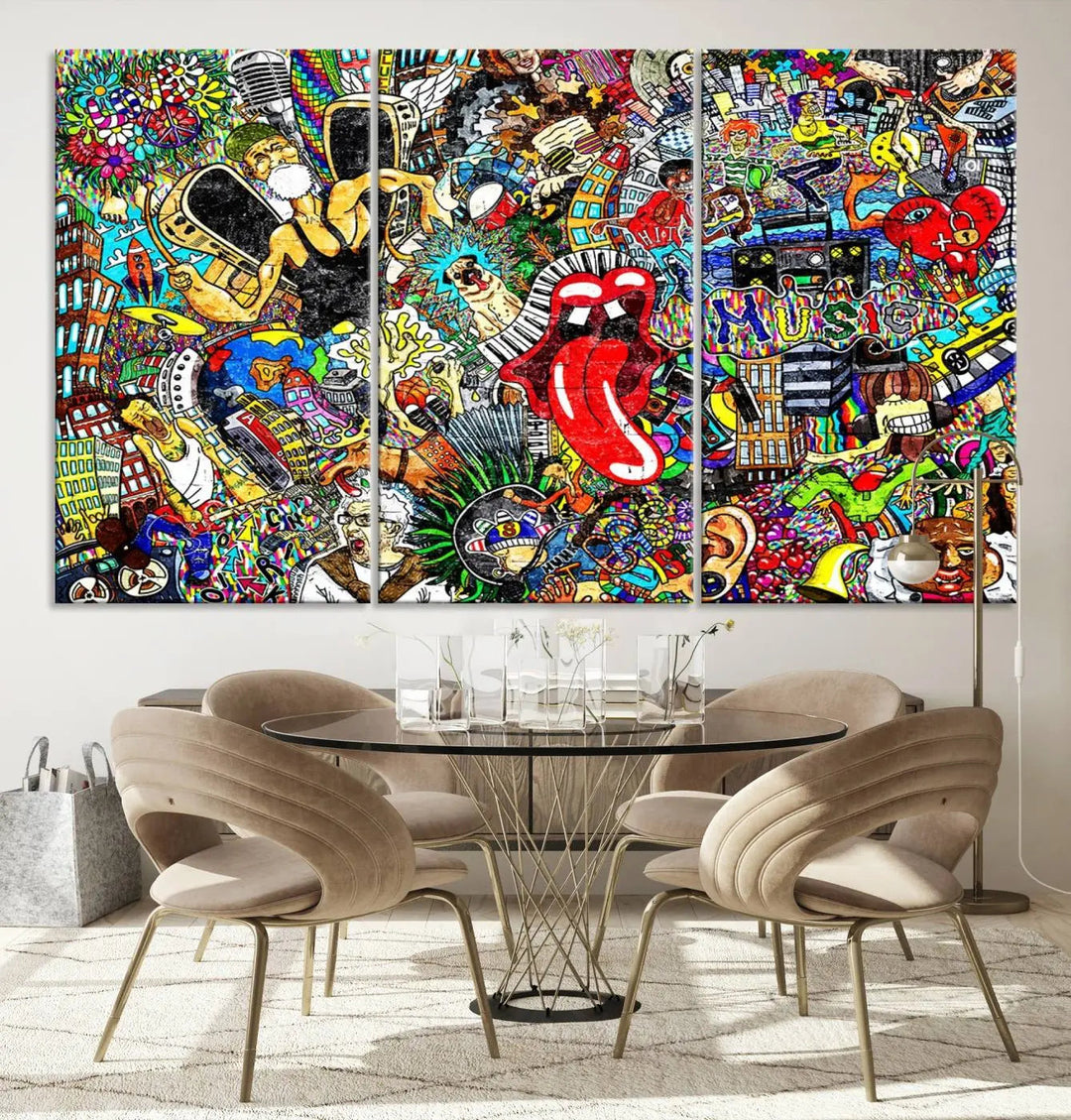 The Crazy Colors Music Vibes Wall Art Canvas Print showcases vibrant multi-panel abstract designs with colorful details on museum-quality canvas and is protected by a UV-coating.