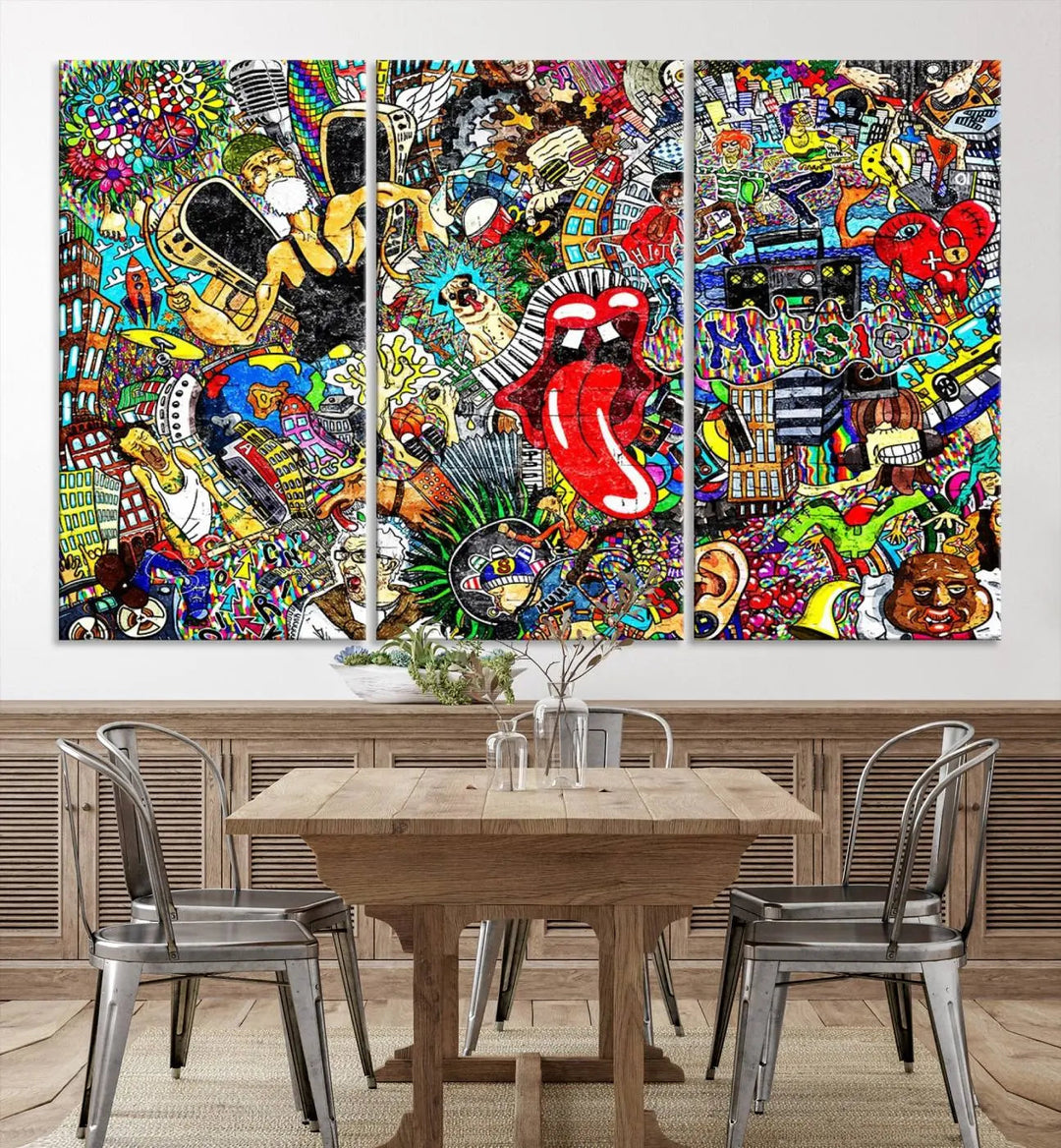 The Crazy Colors Music Vibes Wall Art Canvas Print showcases vibrant multi-panel abstract designs with colorful details on museum-quality canvas and is protected by a UV-coating.