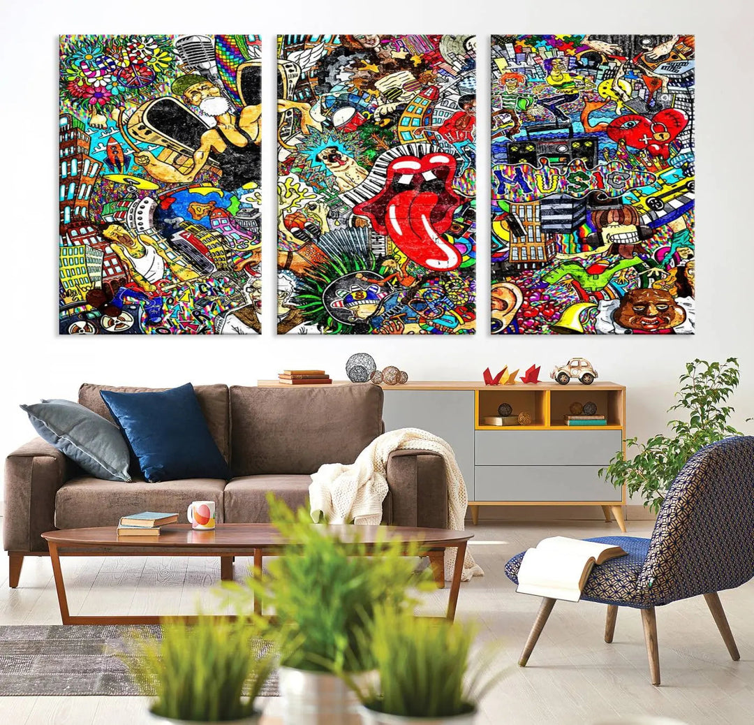 The Crazy Colors Music Vibes Wall Art Canvas Print showcases vibrant multi-panel abstract designs with colorful details on museum-quality canvas and is protected by a UV-coating.