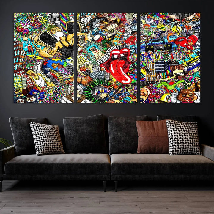 The Crazy Colors Music Vibes Wall Art Canvas Print showcases vibrant multi-panel abstract designs with colorful details on museum-quality canvas and is protected by a UV-coating.