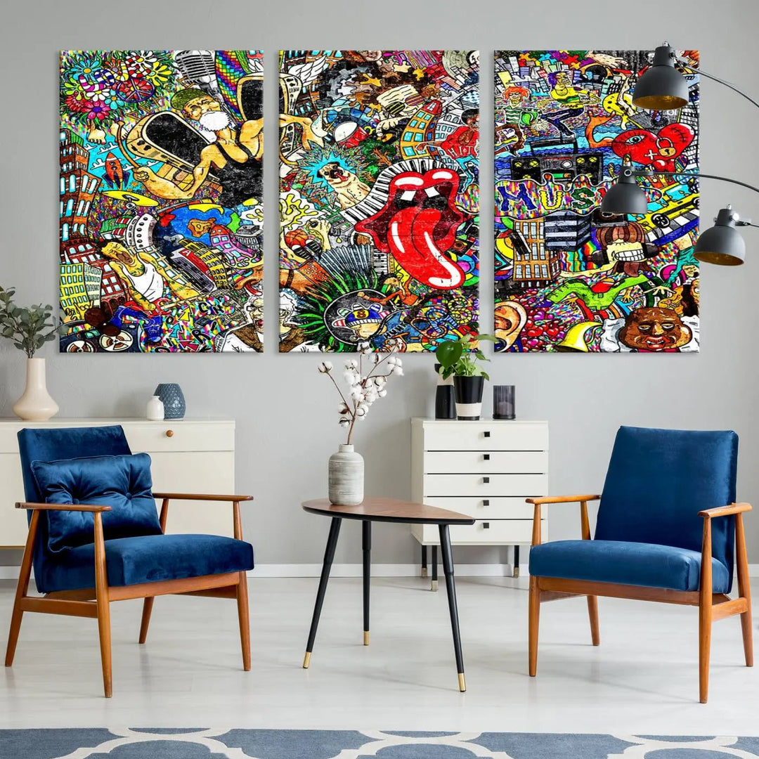 The Crazy Colors Music Vibes Wall Art Canvas Print showcases vibrant multi-panel abstract designs with colorful details on museum-quality canvas and is protected by a UV-coating.