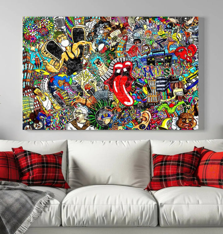 The Crazy Colors Music Vibes Wall Art Canvas Print showcases vibrant multi-panel abstract designs with colorful details on museum-quality canvas and is protected by a UV-coating.