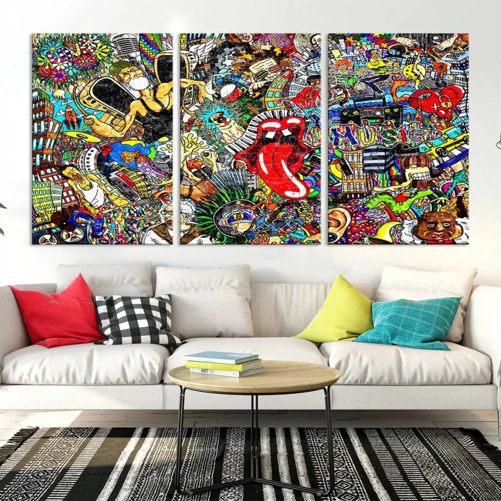 The Crazy Colors Music Vibes Wall Art Canvas Print showcases vibrant multi-panel abstract designs with colorful details on museum-quality canvas and is protected by a UV-coating.