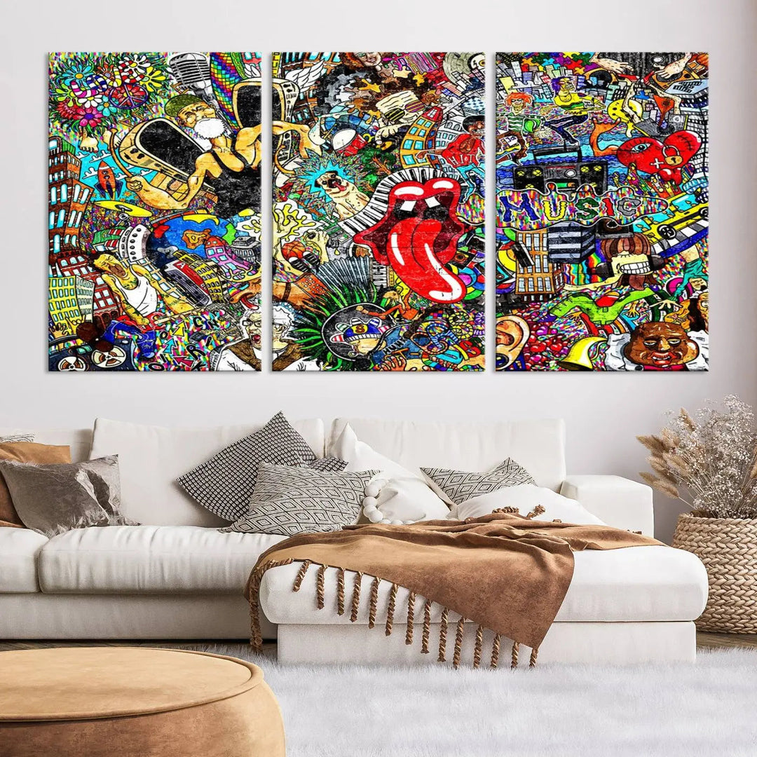 The Crazy Colors Music Vibes Wall Art Canvas Print showcases vibrant multi-panel abstract designs with colorful details on museum-quality canvas and is protected by a UV-coating.