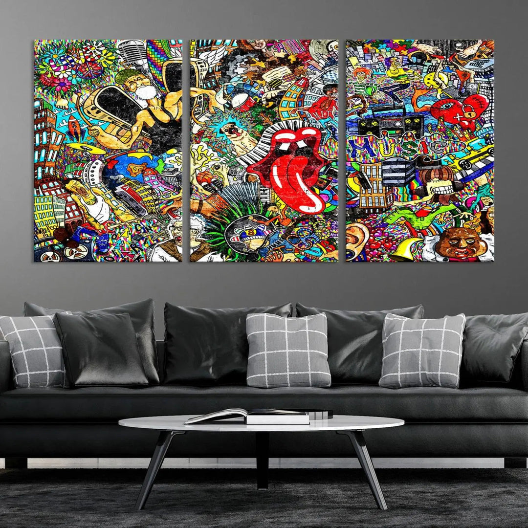 The Crazy Colors Music Vibes Wall Art Canvas Print showcases vibrant multi-panel abstract designs with colorful details on museum-quality canvas and is protected by a UV-coating.