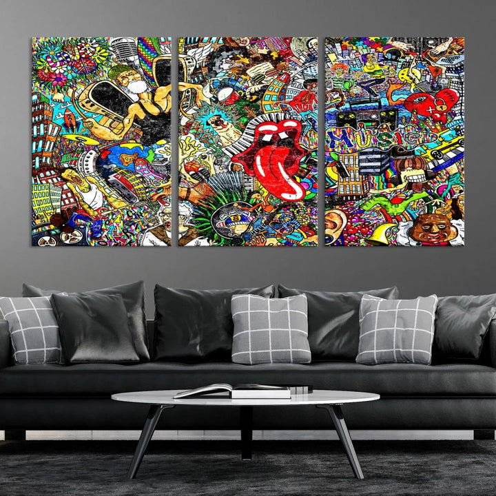 The Crazy Colors Music Vibes Wall Art Canvas Print showcases vibrant multi-panel abstract designs with colorful details on museum-quality canvas and is protected by a UV-coating.