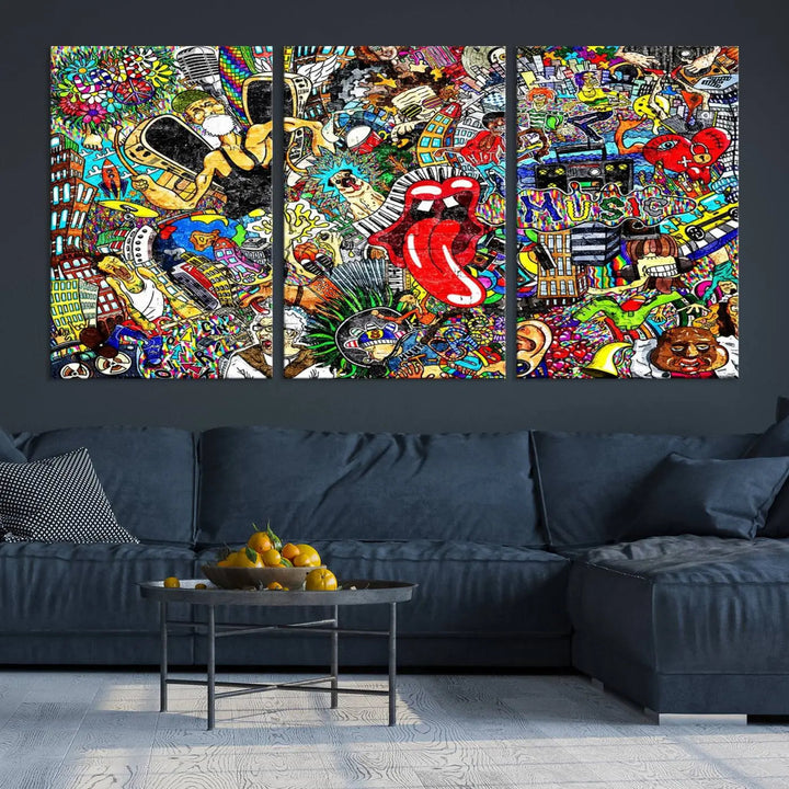 The Crazy Colors Music Vibes Wall Art Canvas Print showcases vibrant multi-panel abstract designs with colorful details on museum-quality canvas and is protected by a UV-coating.