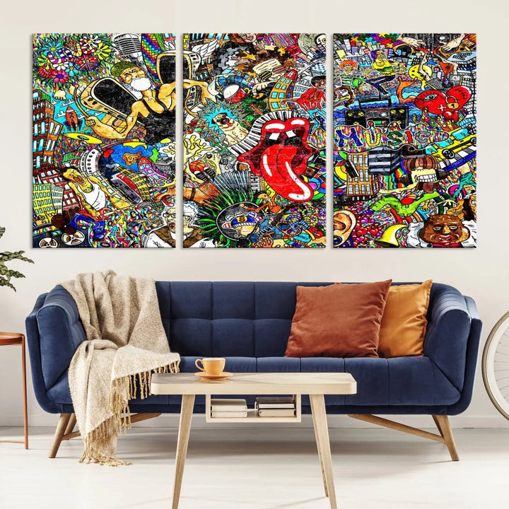 The Crazy Colors Music Vibes Wall Art Canvas Print showcases vibrant multi-panel abstract designs with colorful details on museum-quality canvas and is protected by a UV-coating.