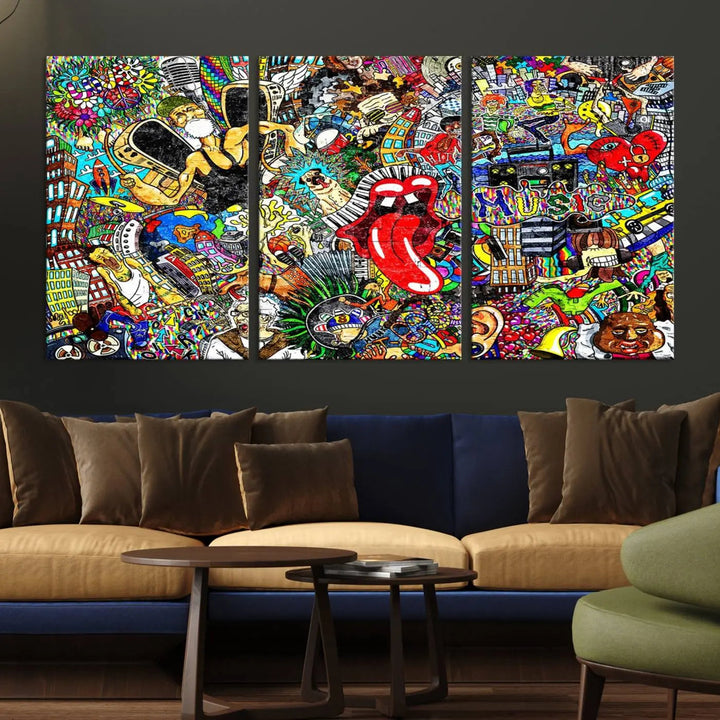 The Crazy Colors Music Vibes Wall Art Canvas Print showcases vibrant multi-panel abstract designs with colorful details on museum-quality canvas and is protected by a UV-coating.