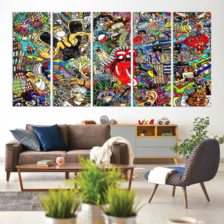 The Crazy Colors Music Vibes Wall Art Canvas Print showcases vibrant multi-panel abstract designs with colorful details on museum-quality canvas and is protected by a UV-coating.