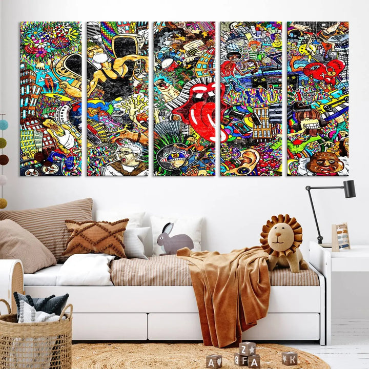 The Crazy Colors Music Vibes Wall Art Canvas Print showcases vibrant multi-panel abstract designs with colorful details on museum-quality canvas and is protected by a UV-coating.