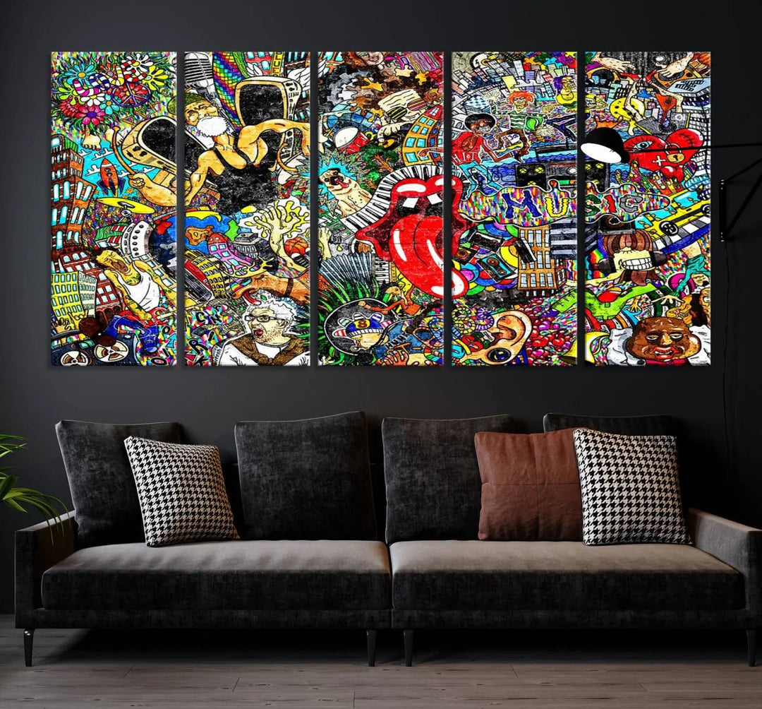 The Crazy Colors Music Vibes Wall Art Canvas Print showcases vibrant multi-panel abstract designs with colorful details on museum-quality canvas and is protected by a UV-coating.