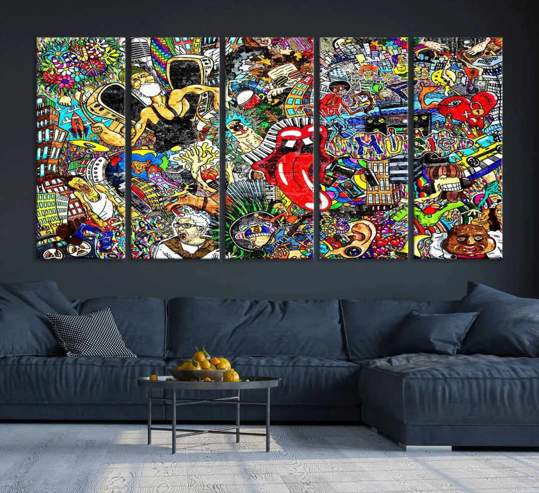 The Crazy Colors Music Vibes Wall Art Canvas Print showcases vibrant multi-panel abstract designs with colorful details on museum-quality canvas and is protected by a UV-coating.