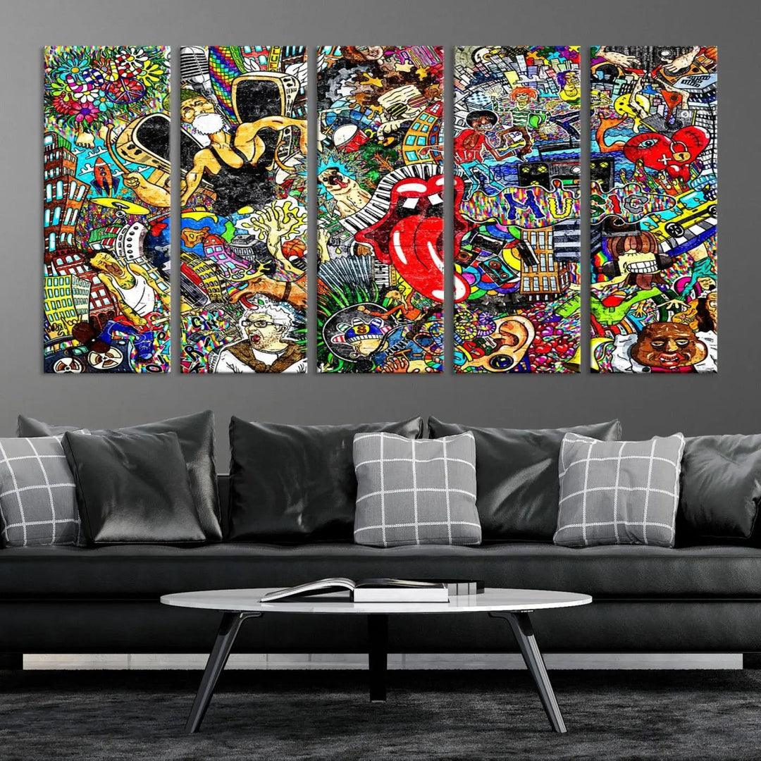 The Crazy Colors Music Vibes Wall Art Canvas Print showcases vibrant multi-panel abstract designs with colorful details on museum-quality canvas and is protected by a UV-coating.