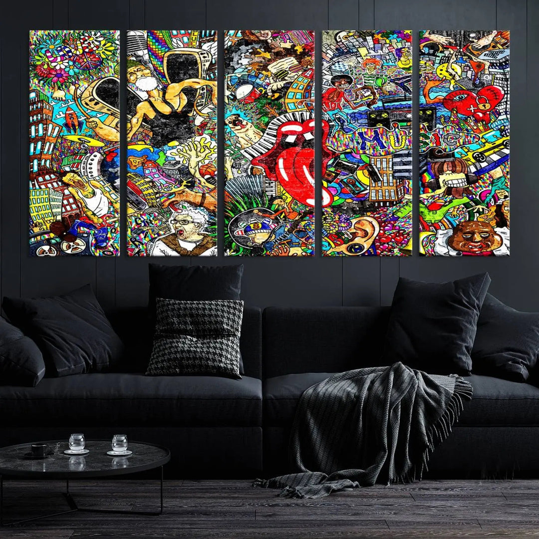 The Crazy Colors Music Vibes Wall Art Canvas Print showcases vibrant multi-panel abstract designs with colorful details on museum-quality canvas and is protected by a UV-coating.