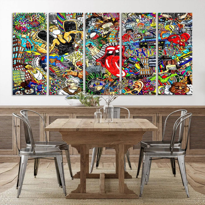 The Crazy Colors Music Vibes Wall Art Canvas Print showcases vibrant multi-panel abstract designs with colorful details on museum-quality canvas and is protected by a UV-coating.