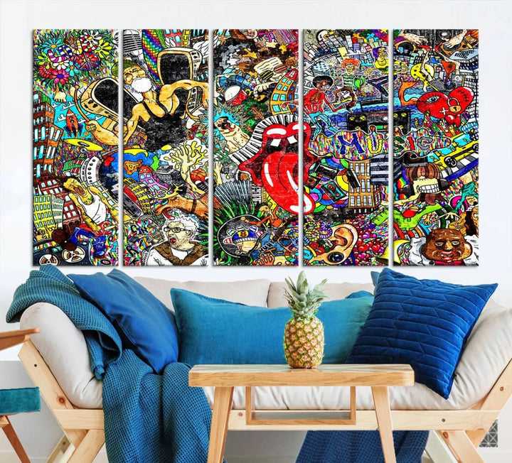 The Crazy Colors Music Vibes Wall Art Canvas Print showcases vibrant multi-panel abstract designs with colorful details on museum-quality canvas and is protected by a UV-coating.