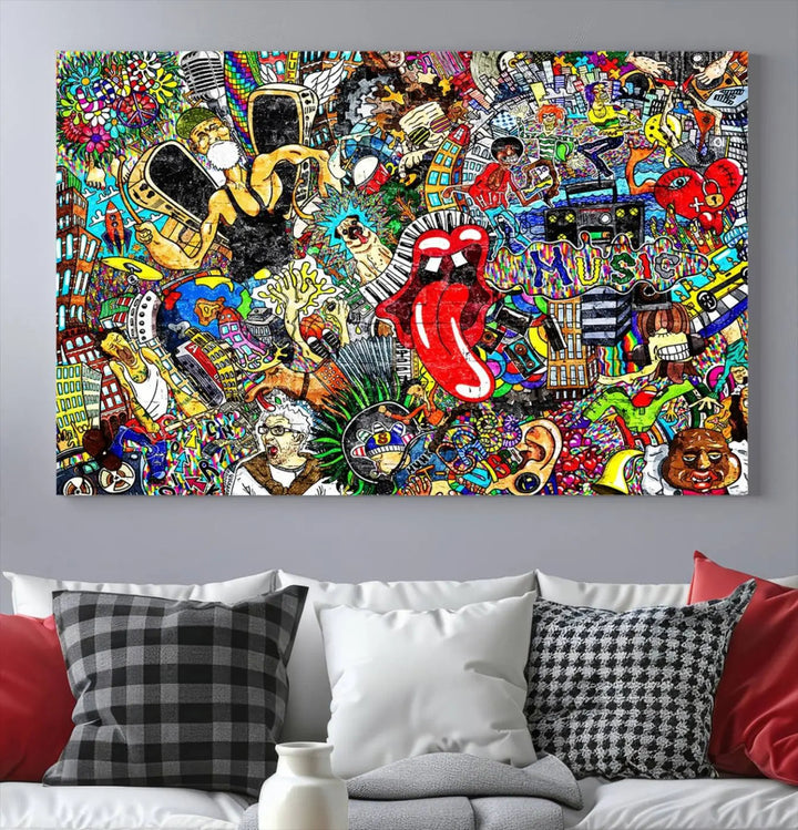 The Crazy Colors Music Vibes Wall Art Canvas Print showcases vibrant multi-panel abstract designs with colorful details on museum-quality canvas and is protected by a UV-coating.