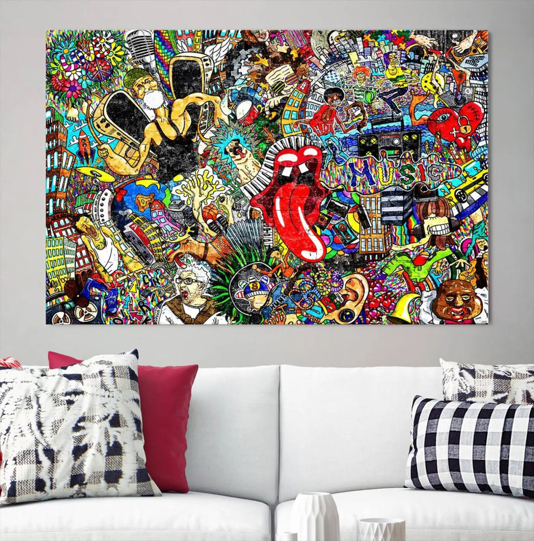 The Crazy Colors Music Vibes Wall Art Canvas Print showcases vibrant multi-panel abstract designs with colorful details on museum-quality canvas and is protected by a UV-coating.