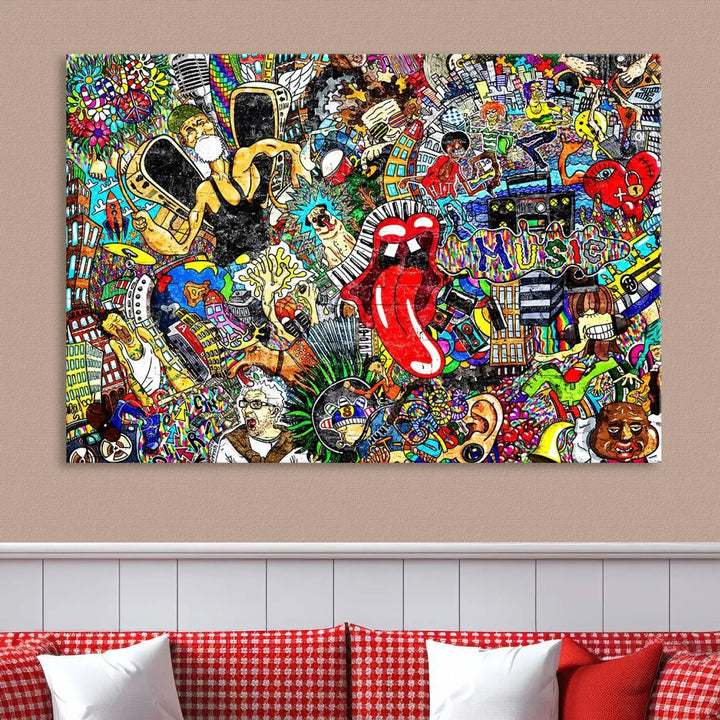 The Crazy Colors Music Vibes Wall Art Canvas Print showcases vibrant multi-panel abstract designs with colorful details on museum-quality canvas and is protected by a UV-coating.