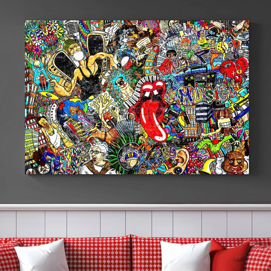 The Crazy Colors Music Vibes Wall Art Canvas Print showcases vibrant multi-panel abstract designs with colorful details on museum-quality canvas and is protected by a UV-coating.