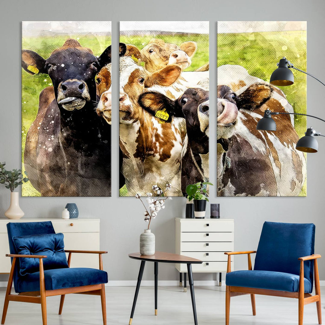 A charming triptych featuring the "Curious Cows Farmhouse Wall Art," a ready-to-hang and framed canvas print, adds a touch of rustic farm decor to the space.