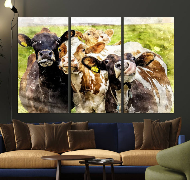 A charming triptych featuring the "Curious Cows Farmhouse Wall Art," a ready-to-hang and framed canvas print, adds a touch of rustic farm decor to the space.